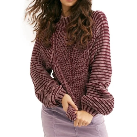 Free People Chunky Knit Sweetheart Sweater In Dark Wash Burgundy Red - Picture 1 of 8